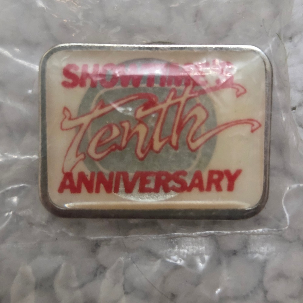 Vintage Showtime Tenth Anniversary Lapel Pin Silver Red Rectangle Media Promo